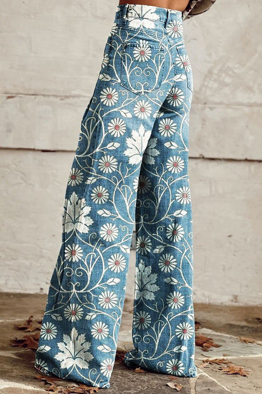 Women's Floral Print Jeans | Wide Leg High Rise Casual Wear 2