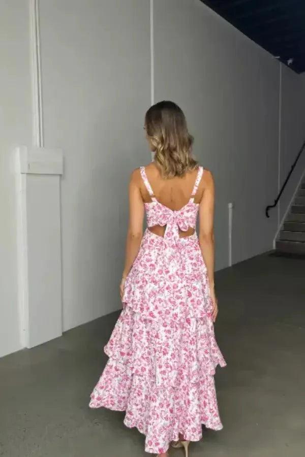 Women's Floral Print Maxi Dress | Square Neck Tiered Evening Wear 5