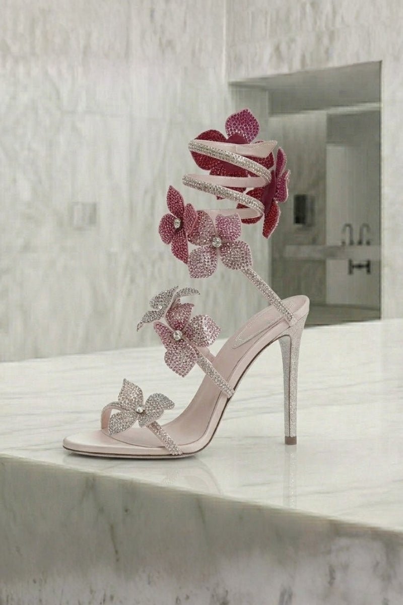 Women's Floral Strap Heels | Open Toe Ankle Wrap Party Wear-Women Shoes-Sasha Sydney