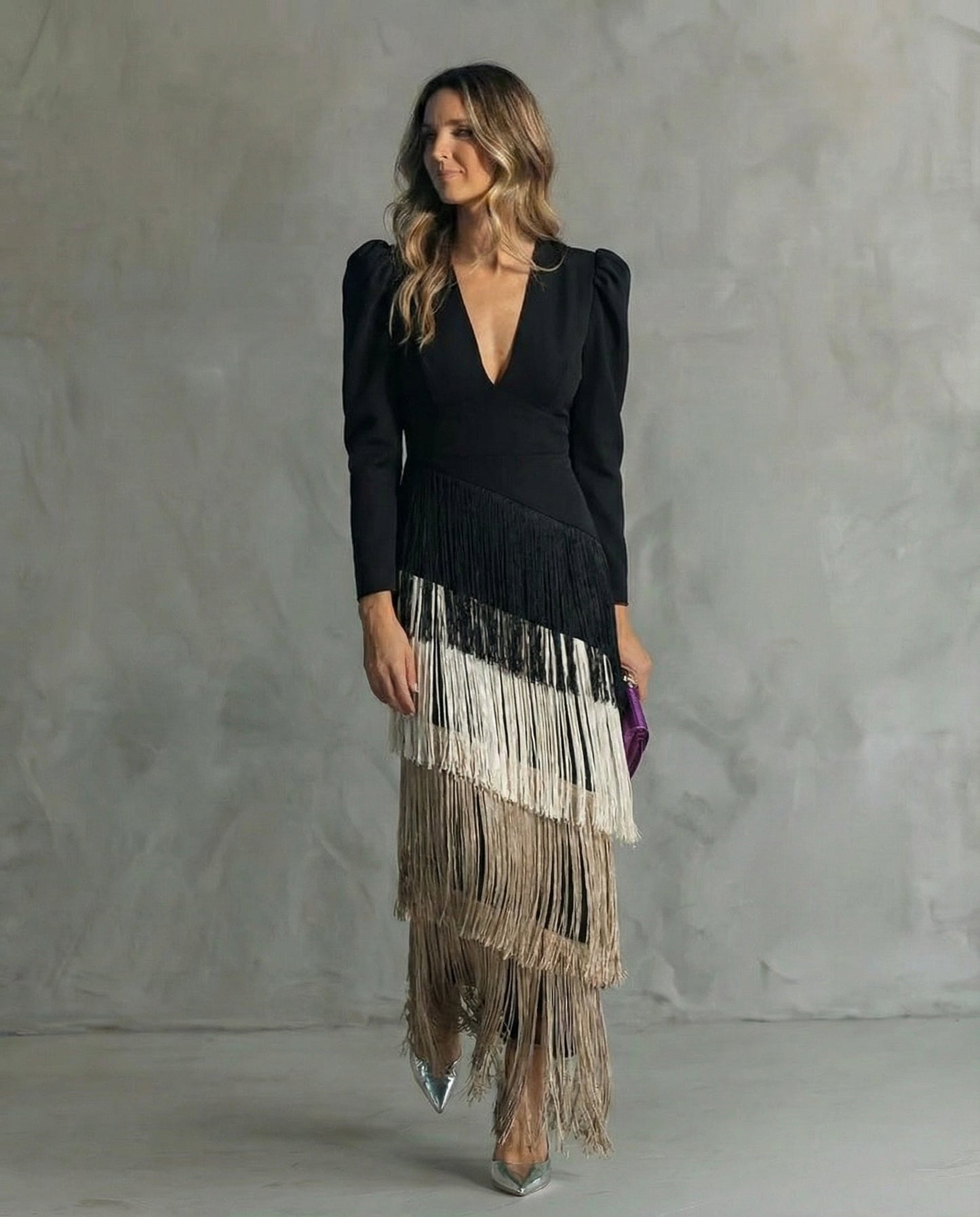 Women's Fringe Plain Maxi Dress | V Neck Long Sleeve Event Wear 6