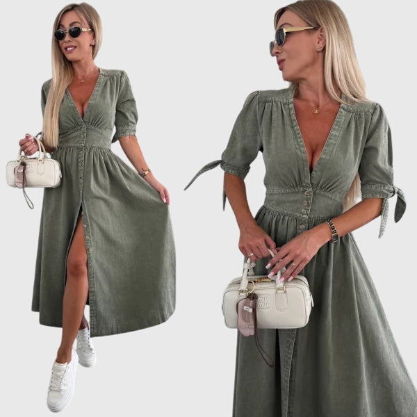 Women's Plain Midi Dress | V Neck Button Front Casual Wear-Women Dress-Sasha Sydney