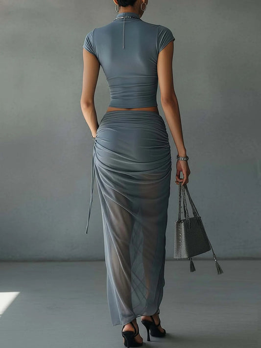 Women's Plain Skirt Set | Short Sleeve Draped Party Apparel 1