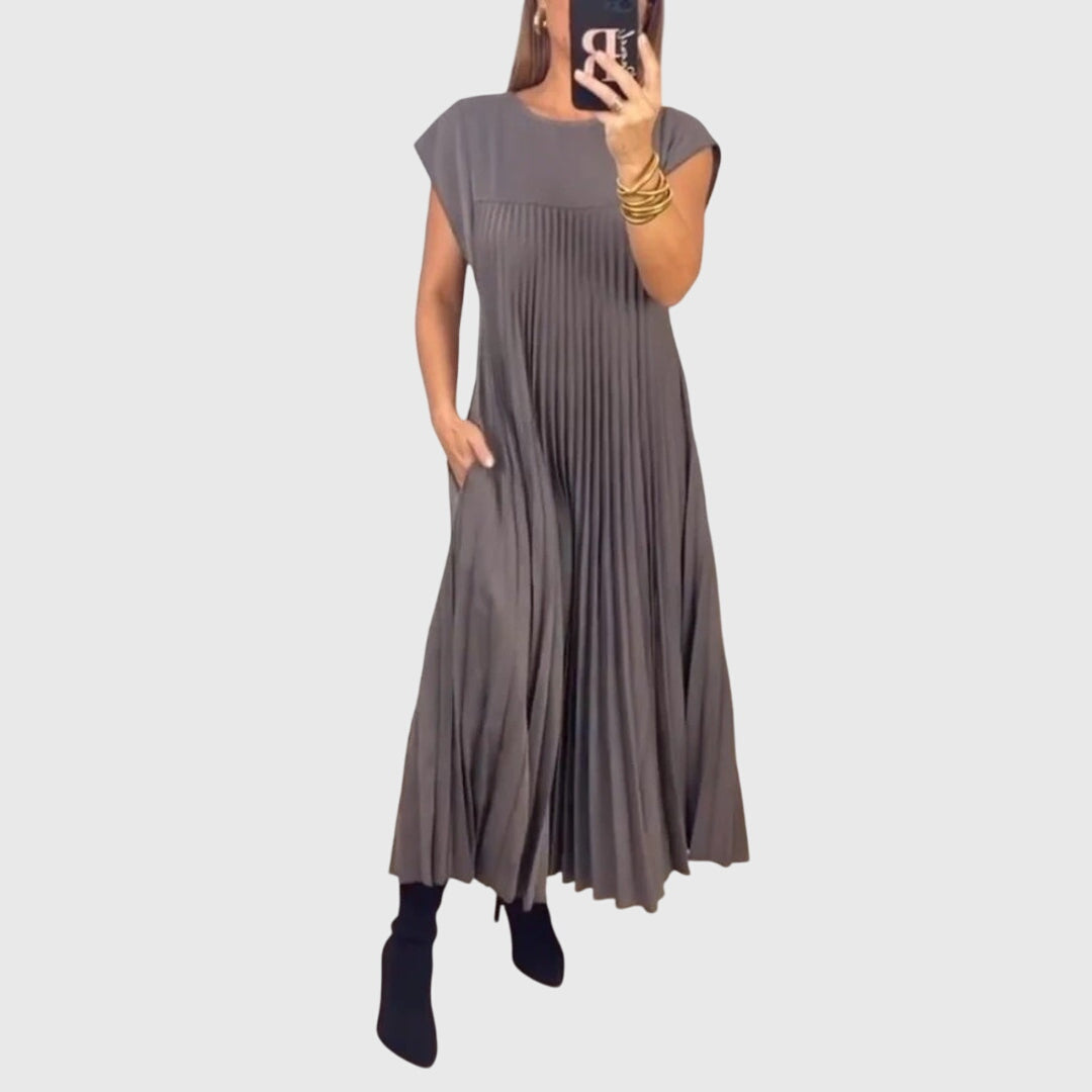 Women's Pleated Plain Maxi Dress | Cap Sleeve Pocket Casual Wear 4