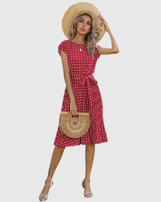 Women's Polka Dot Midi Dress | Tie Waist Pleated Casual Wear 6