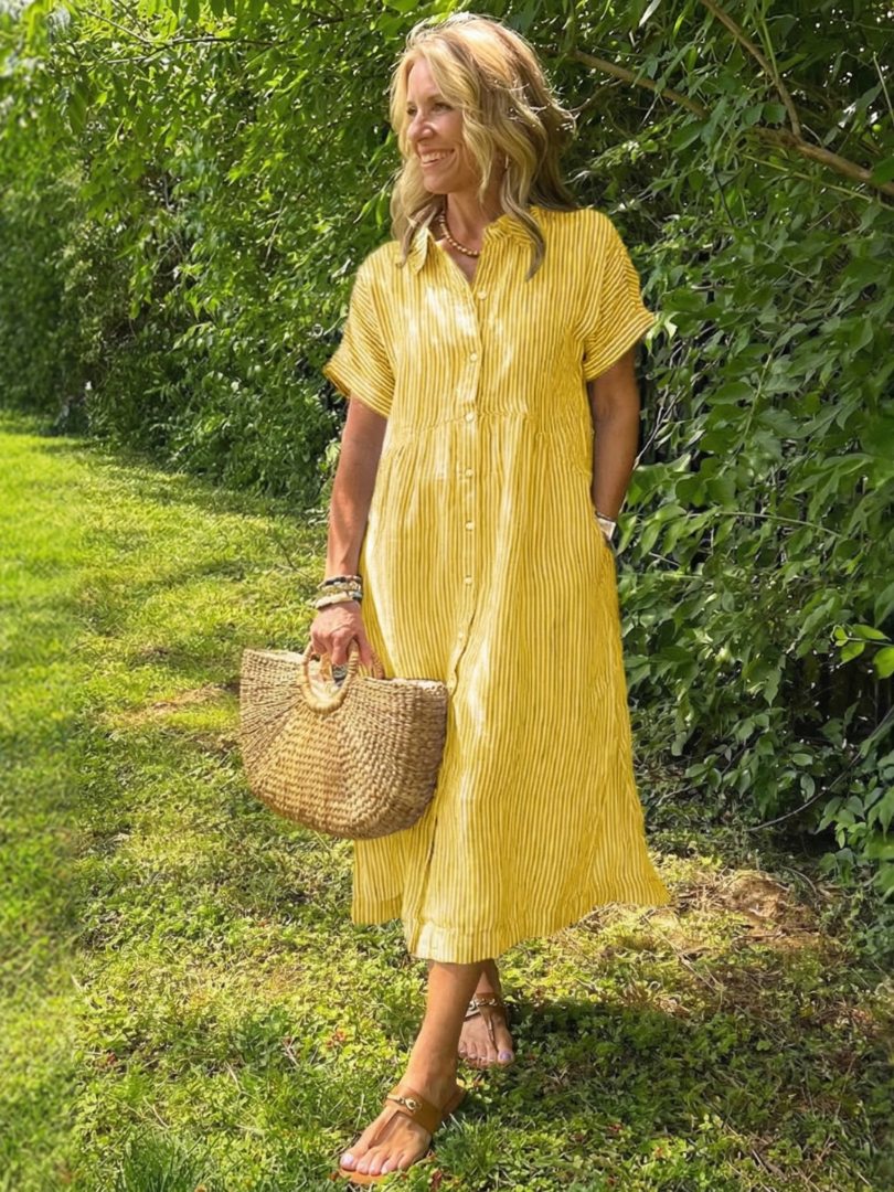 Women's Short-Sleeve Shirt Dress | Striped Midi · Sasha Sydney