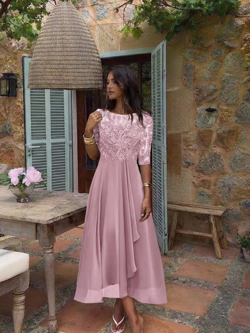 Women's Three-Quarter Sleeve Midi Dress | Lace Bodice · Sasha Sydney