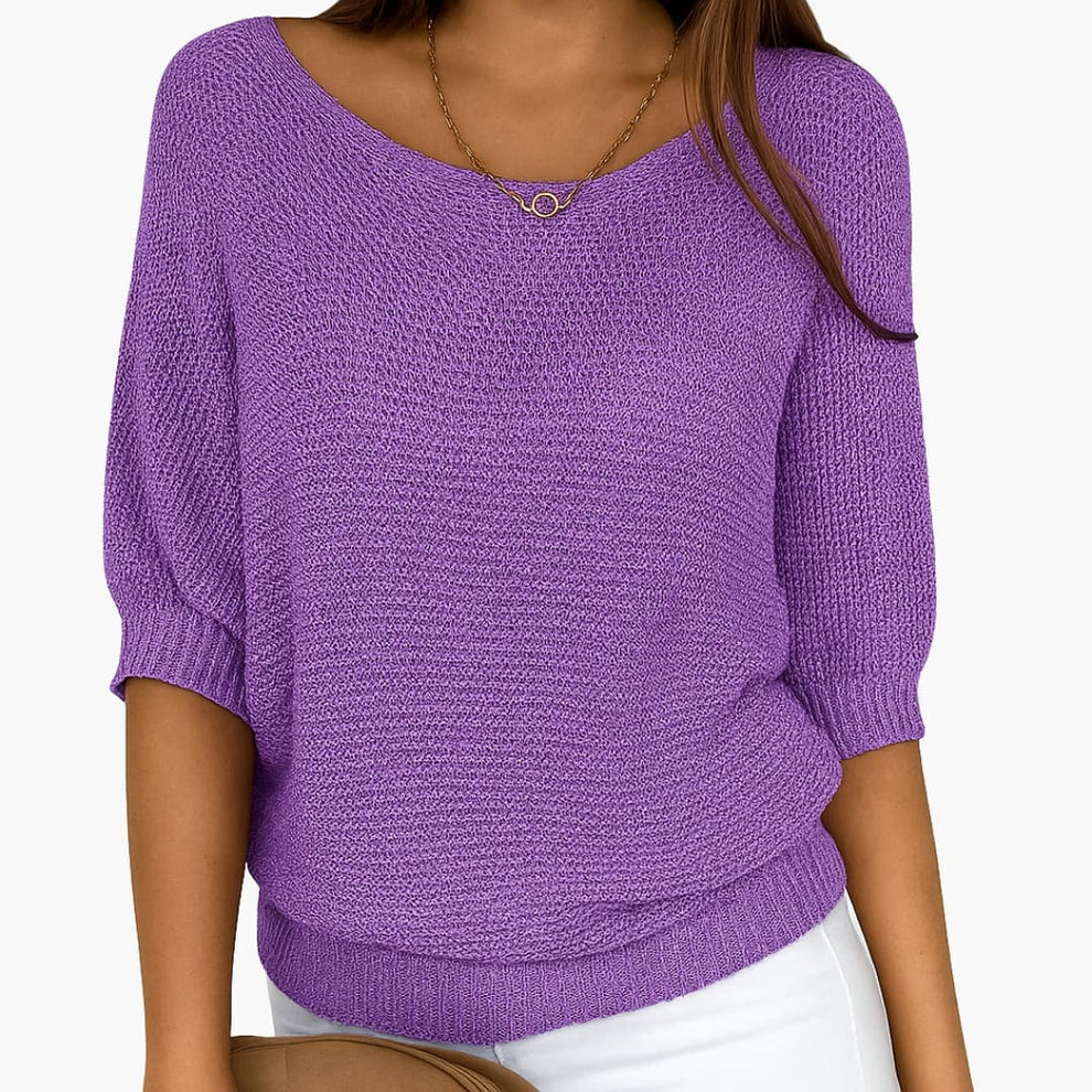 Women's Plain Knit Jumper | Round Neck Three Quarter Sleeve Everyday Wear