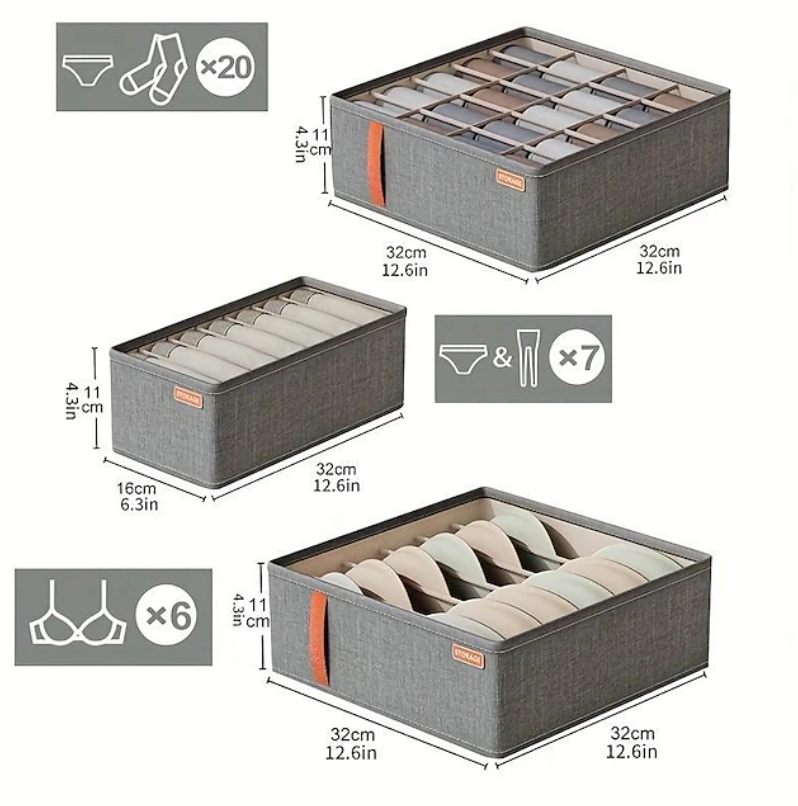 Fabric Drawer Storage Organiser Set | Compartment Storage Boxes Wardrobe Organisation-Drawer Organiser-Sasha Sydney
