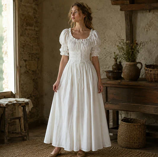 Women Puff Sleeve Maxi Dress | Gathered Bodice Full Length Casual Wear