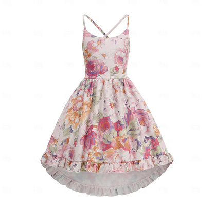 Girls Floral Print High Low Dress | Cross Back Straps Ruffle Hem Occasion Wear-Girl Dress-Sasha Sydney