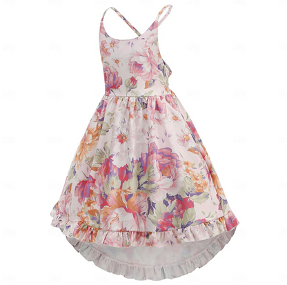 Girls Floral Print High Low Dress | Cross Back Straps Ruffle Hem Occasion Wear-Girl Dress-Sasha Sydney