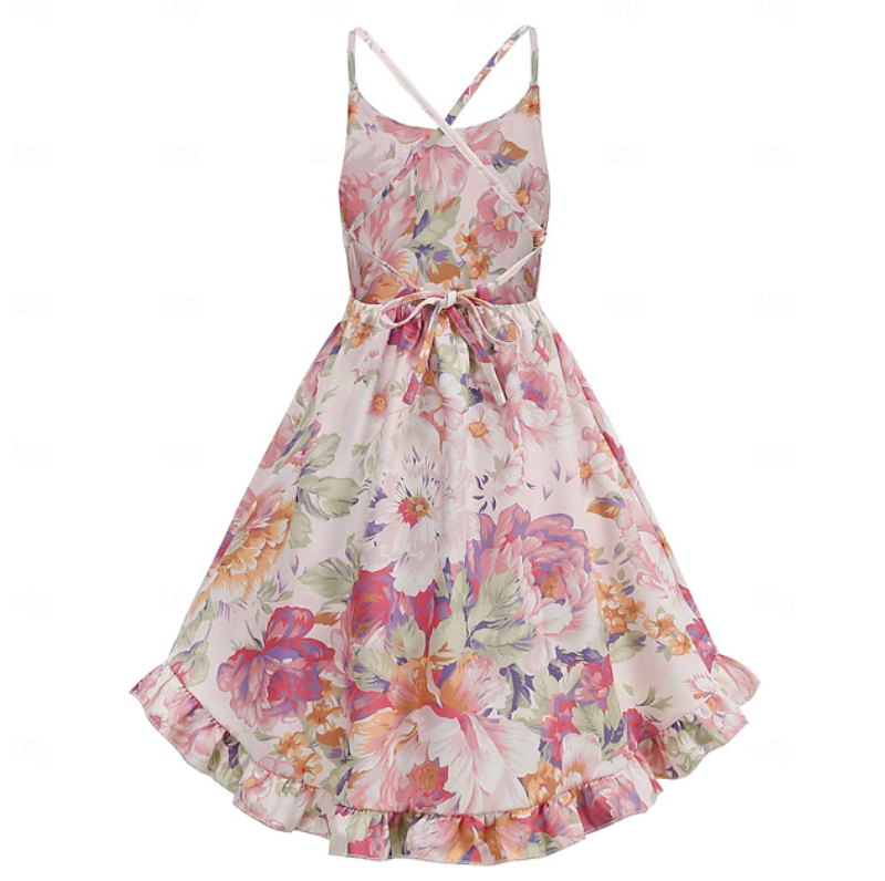 Girls Floral Print High Low Dress | Cross Back Straps Ruffle Hem Occasion Wear-Girl Dress-Sasha Sydney