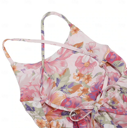 Girls Floral Print High Low Dress | Cross Back Straps Ruffle Hem Occasion Wear-Girl Dress-Sasha Sydney