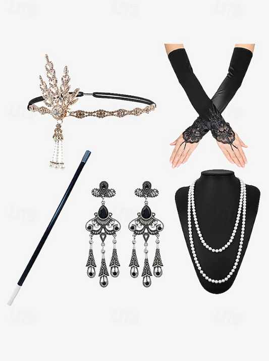 Women Vintage Style Accessory Set | Feather Scarf Long Gloves Costume Events-Women Accessory-Sasha Sydney