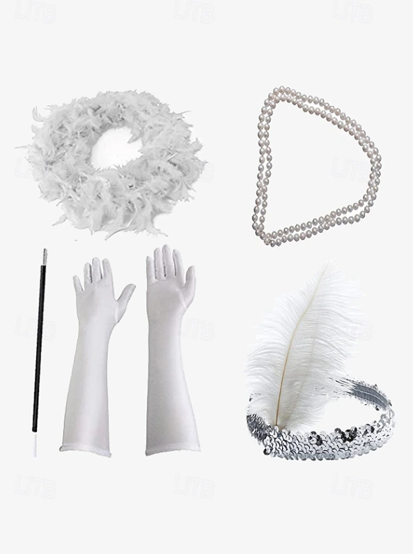 Women Vintage Style Accessory Set | Feather Scarf Long Gloves Costume Events-Women Accessory-Sasha Sydney