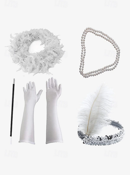 Women Vintage Style Accessory Set | Feather Scarf Long Gloves Costume Events-Women Accessory-Sasha Sydney