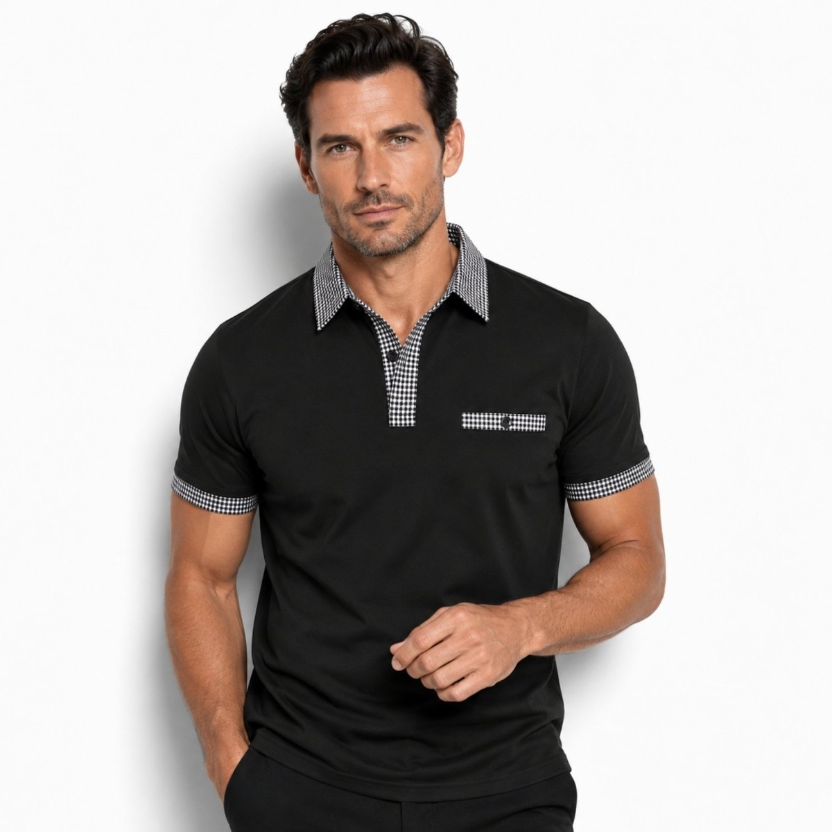 Men's Checked Trim Polo Shirt | Short Sleeve Collared Casual Wear 5