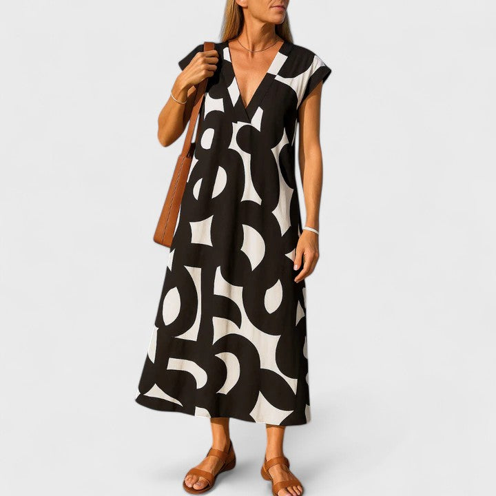 Women's Abstract Print Maxi Dress | V Neck Cap Sleeve Casual Wear1