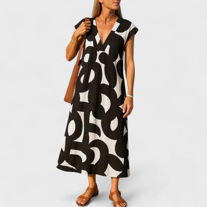 Women's Abstract Print Maxi Dress | V Neck Cap Sleeve Casual Wear1