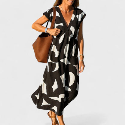 Women's Abstract Print Maxi Dress | V Neck Cap Sleeve Casual Wear 2