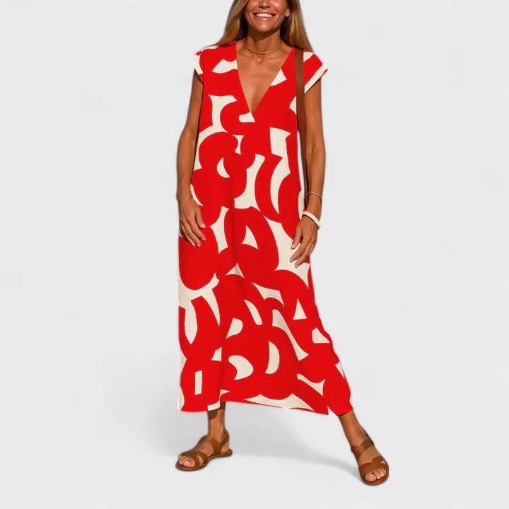 Women's Abstract Print Maxi Dress | V Neck Cap Sleeve Casual Wear 4