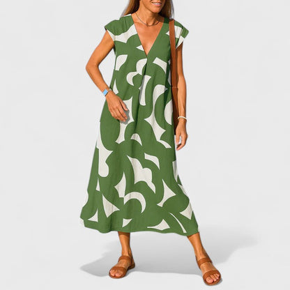 Women's Abstract Print Maxi Dress | V Neck Cap Sleeve Casual Wear 5
