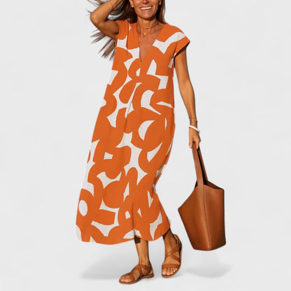 Women's Abstract Print Maxi Dress | V Neck Cap Sleeve Casual Wear   7
