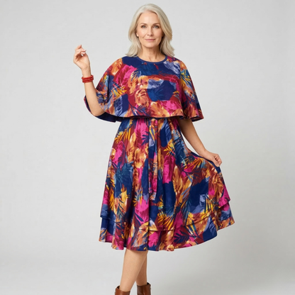 Women's Abstract Print Midi Dress | Layered Overlay Tie Waist 1