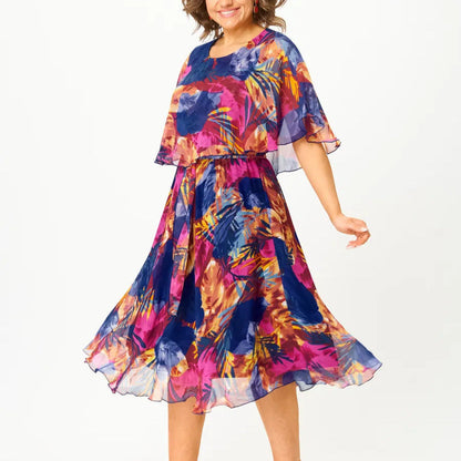 Women's Abstract Print Midi Dress | Layered Overlay Tie Waist 2
