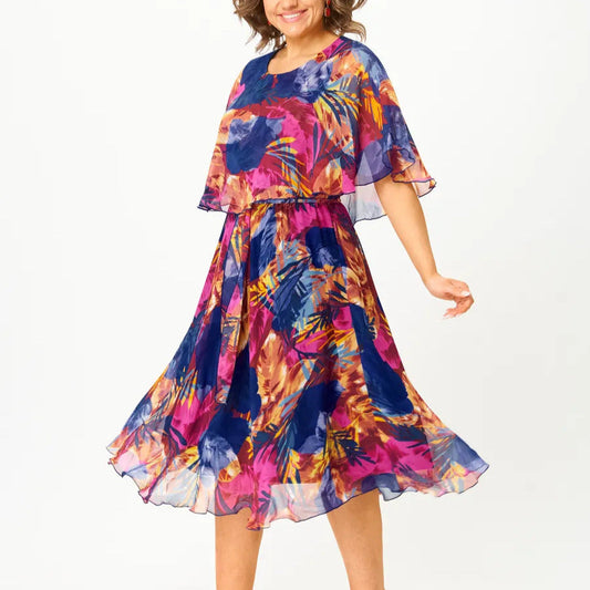 Women's Abstract Print Midi Dress | Layered Overlay Tie Waist 2