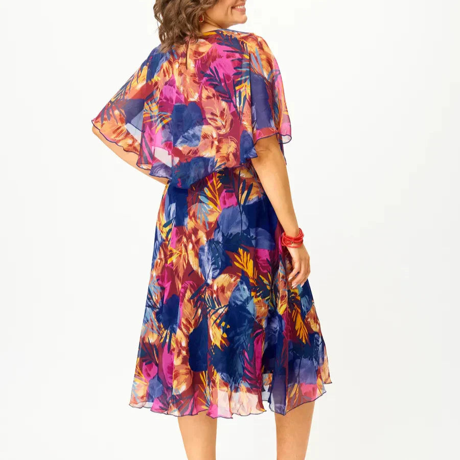 Women's Abstract Print Midi Dress | Layered Overlay Tie Waist 4