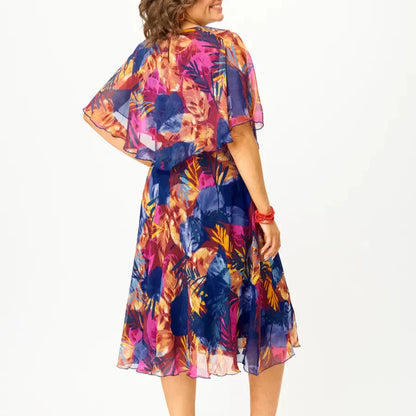 Women's Abstract Print Midi Dress | Layered Overlay Tie Waist 4