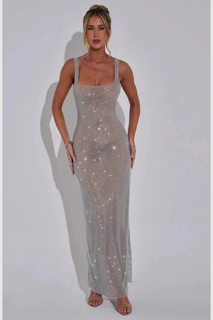 Women's Embellished Maxi Dress | Square Neck Sleeveless Festive Apparel