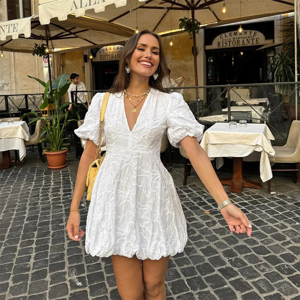 Women's Embroidered Mini Dress | Puff Sleeves V Neck Summer Wear-Dress-Sasha Sydney
