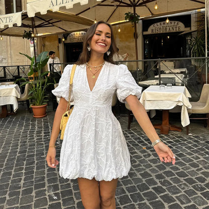 Women's Embroidered Mini Dress | Puff Sleeves V Neck Summer Wear-Dress-Sasha Sydney