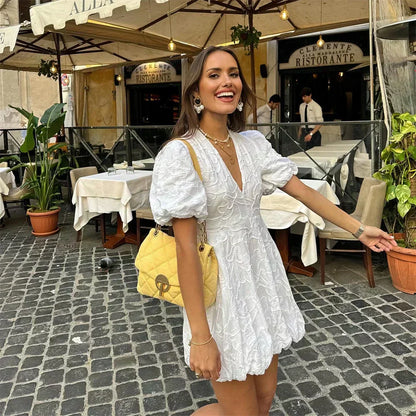 Women's Embroidered Mini Dress | Puff Sleeves V Neck Summer Wear-Dress-Sasha Sydney