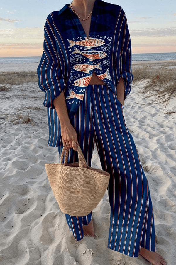 Women's Fish Print Trouser Set | Collared Shirt Wide Leg Casual Wear 2