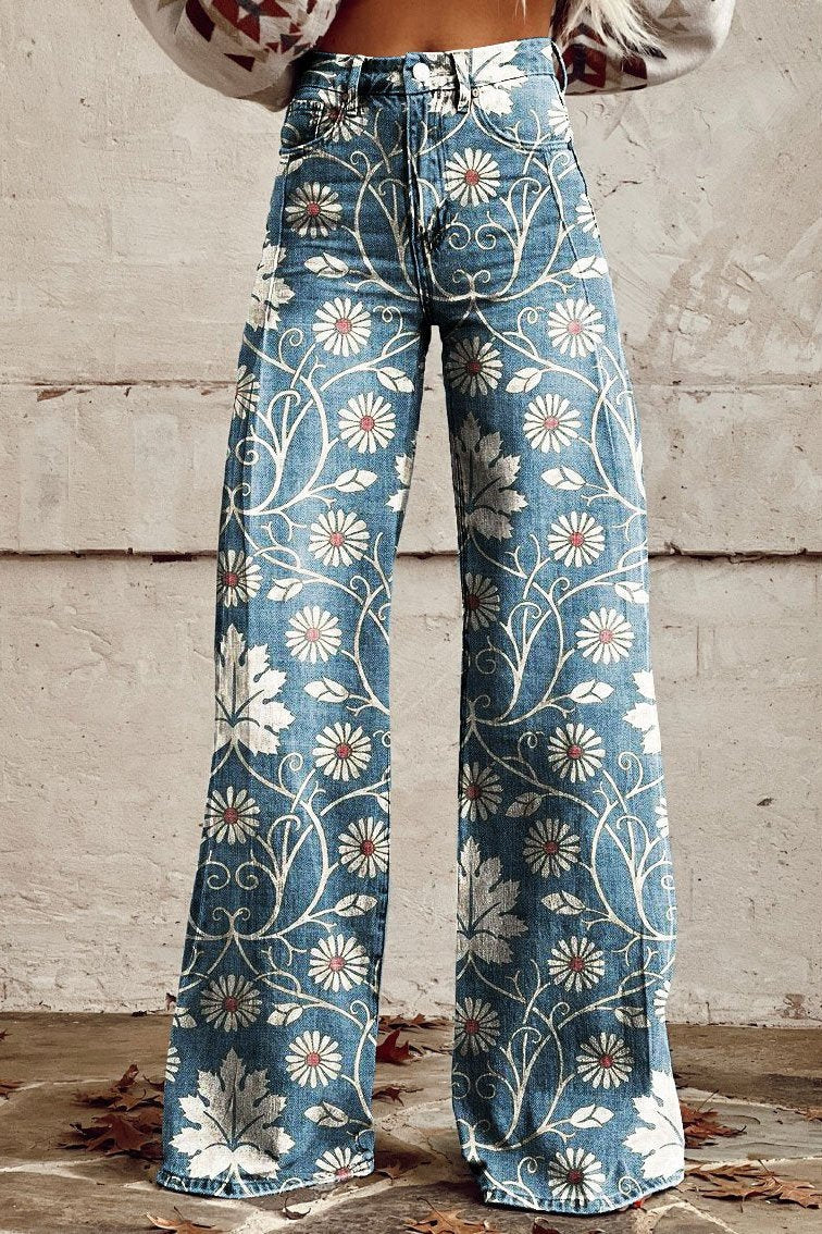 Women's Floral Print Jeans | Wide Leg High Rise Casual Wear