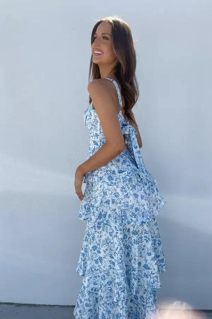 Women's Floral Print Maxi Dress | Square Neck Tiered Evening Wear 2