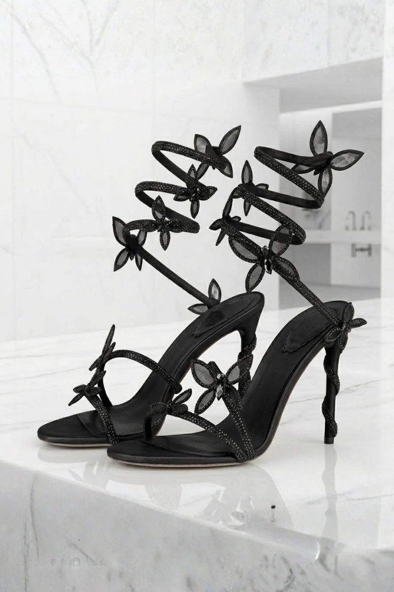 Women's Floral Strap Heels | Open Toe Ankle Wrap Party Wear 4
