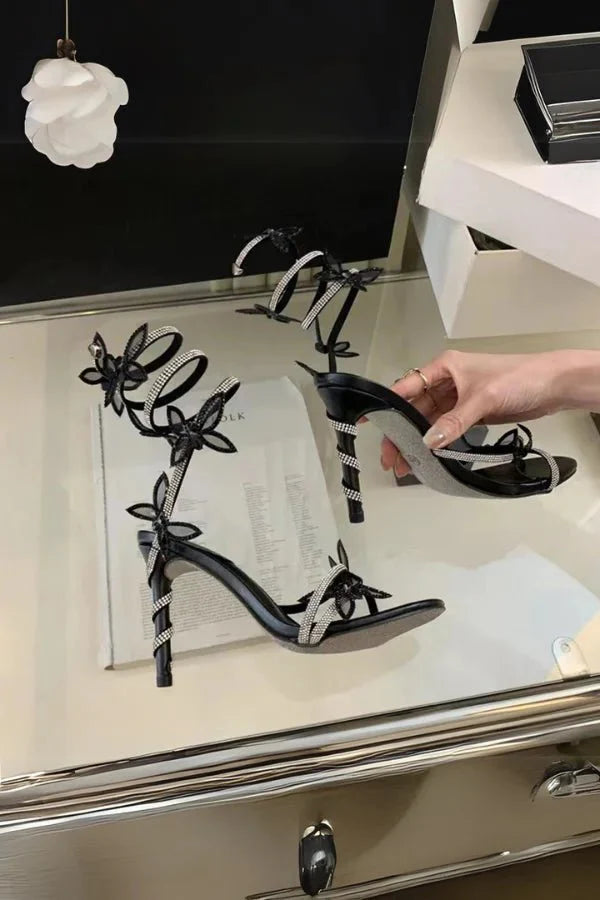 Women's Floral Strap Heels | Open Toe Ankle Wrap Party Wear 5
