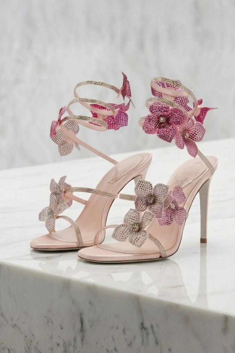 Women's Floral Strap Heels | Open Toe Ankle Wrap Party Wear 9