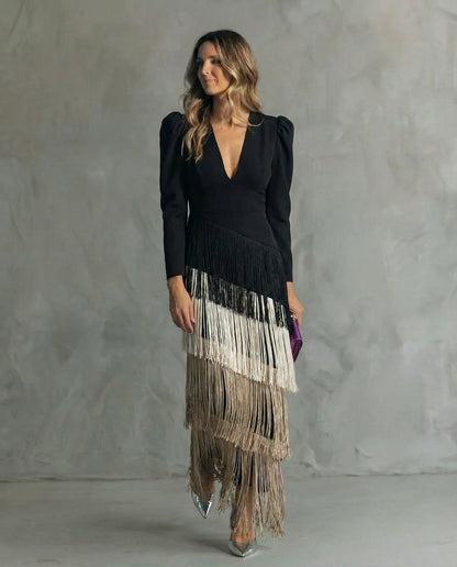 Women's Fringe Plain Maxi Dress | V Neck Long Sleeve Event Wear 6