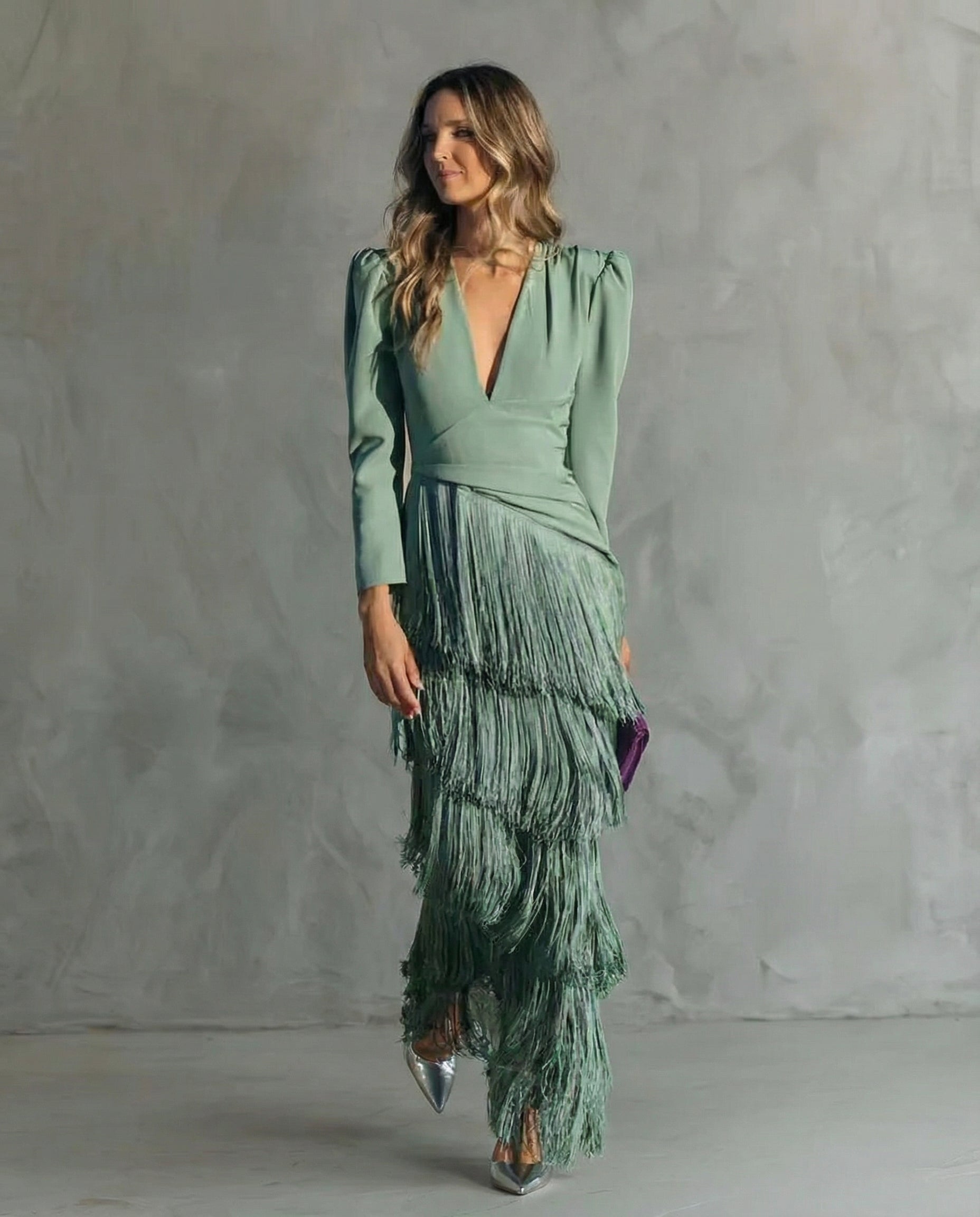 Women's Fringe Plain Maxi Dress | V Neck Long Sleeve Event Wear 1