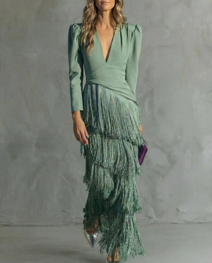 Women's Fringe Plain Maxi Dress | V Neck Long Sleeve Event Wear 2