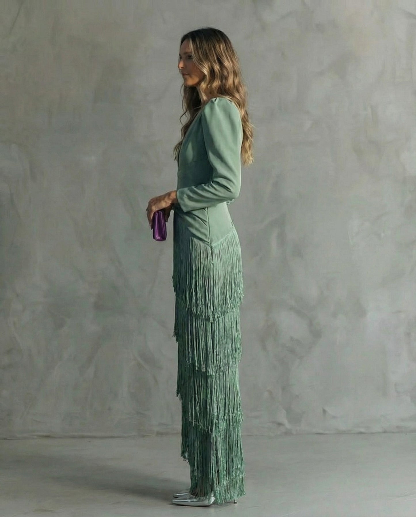 Women's Fringe Plain Maxi Dress | V Neck Long Sleeve Event Wear 3