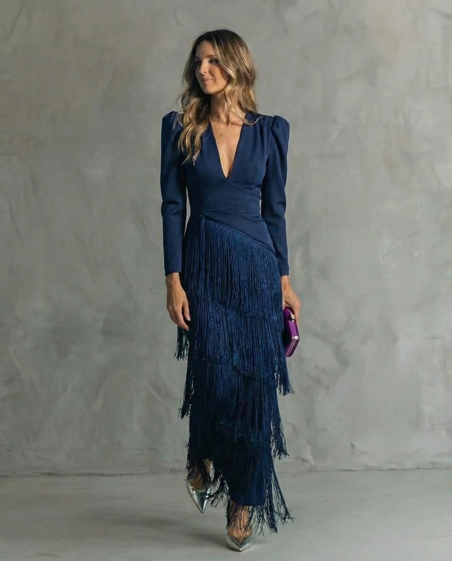 Women's Fringe Plain Maxi Dress | V Neck Long Sleeve Event Wear 4
