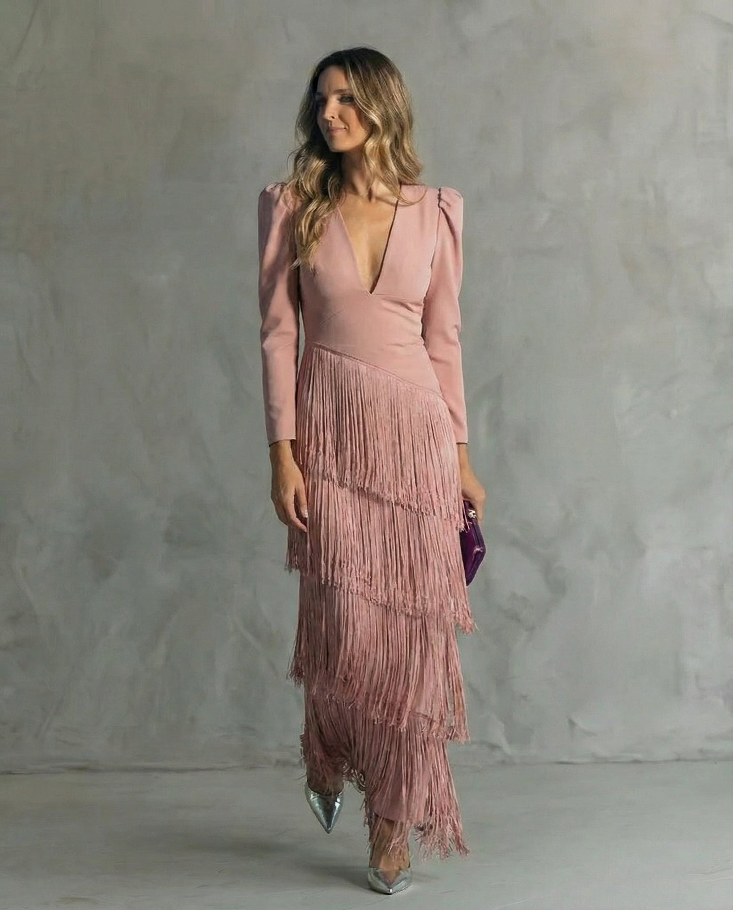 Women's Fringe Plain Maxi Dress | V Neck Long Sleeve Event Wear 5