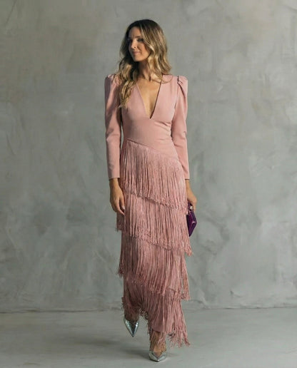 Women's Fringe Plain Maxi Dress | V Neck Long Sleeve Event Wear 5