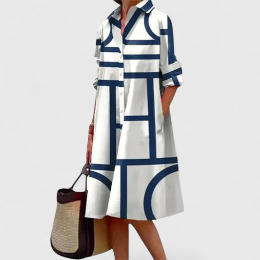 Women's Geometric Print Midi Dress | Shirt Collar Long Sleeve Everyday Wear 1